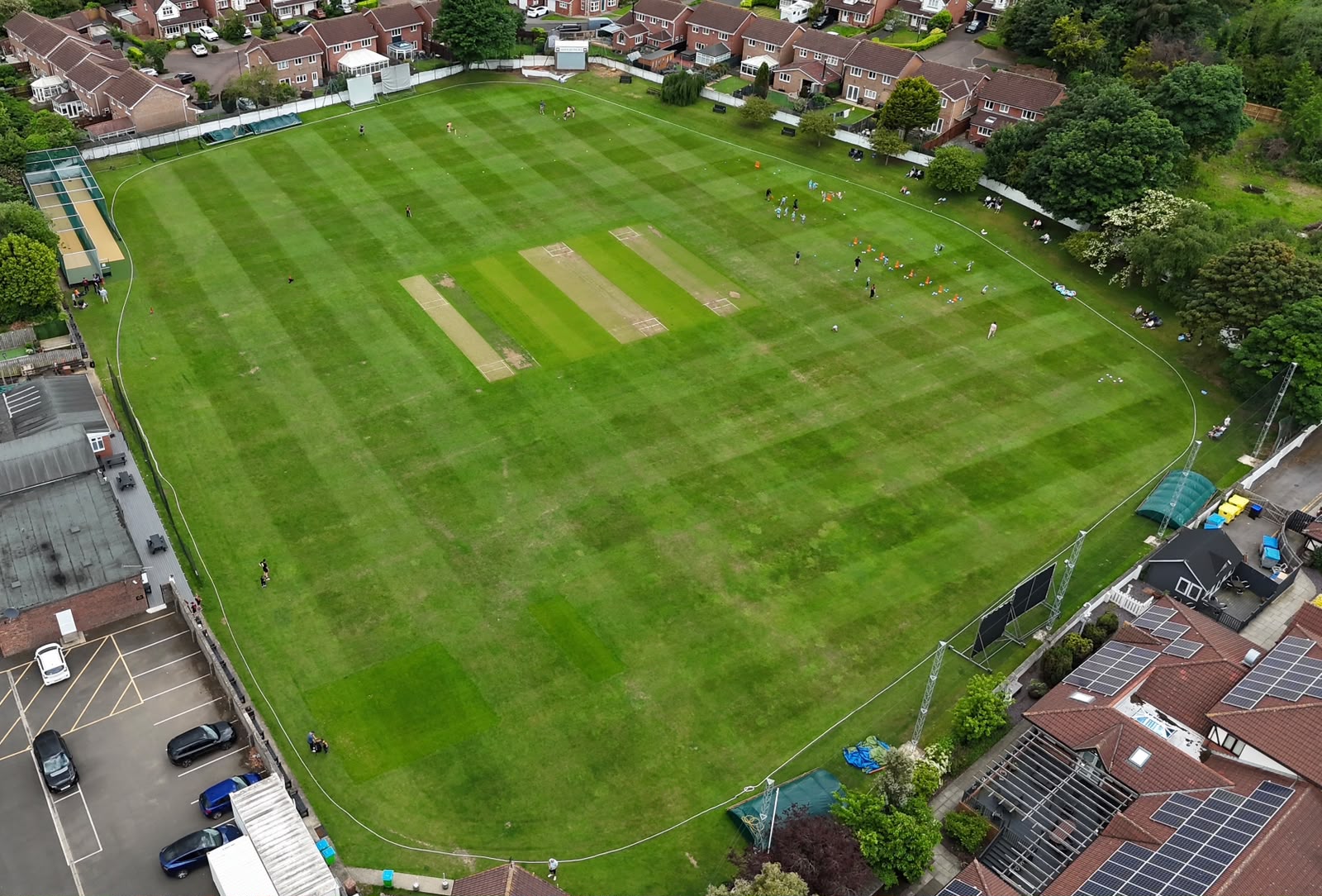 Aerial view of Bunker Hill cricket ground, showing the pitches, practice nets and clubhouse